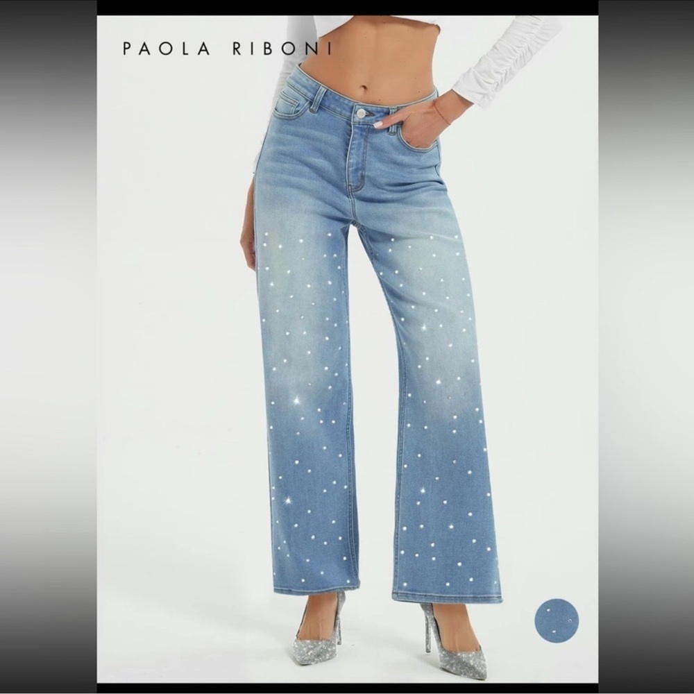 Paola Riboni High Waist Rhinestone Jeans Blue Size L